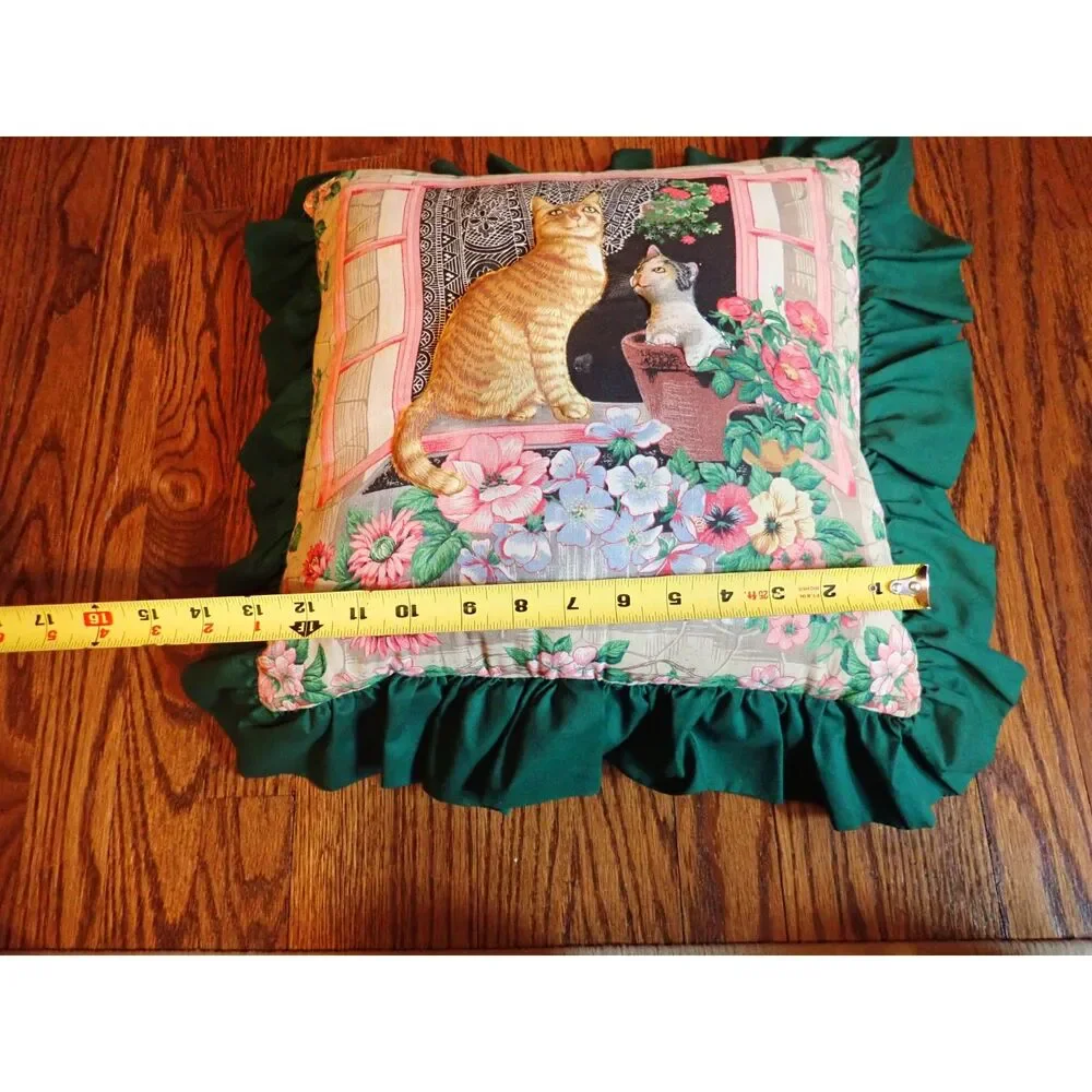 Vintage Green Cat Lady Pillow Mom & Offspring Floral Botanical Cabincore Ruffles